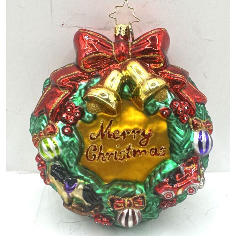 Christopher Radko Bells Bow Evergreen Wreath Textured Glass Christmas Ornament